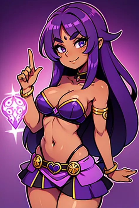 (best quality:1.3), (4K quality), (Detailed face:1.2), (Detailed eyes:1.2), ,Anime Style, solo, 1girl, 25 year old woman, sorceress, (dark skin:1.2), purple hair, wavy hair, long hair, purple eyes, mascaras, purple eyeshadow, smile, tattoos, medium breasts...