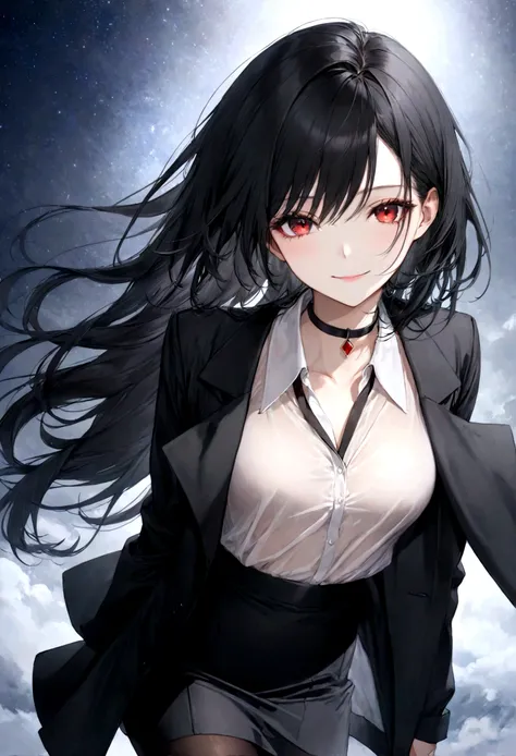 (top-quality)), ((​masterpiece)), ((ultra-detailliert)), (extremely delicate and beautiful), jet black hair, long straight black hair, beautiful sexy woman, gentle smile, elegant expression, red eyes, black collar necklace, sheer crisp white shirt, wearing...