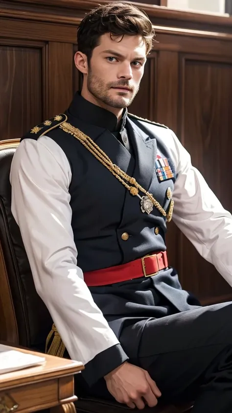 Jamie Dornan (Best quality at best,Photorealistic),(Dark,feels) Young person, One guy,detailed black eyes, French-German man in uniform standing in front of building, in full military garb, in a soldier uniform, Inspired by Zhang Sengyao, in a soldier unif...