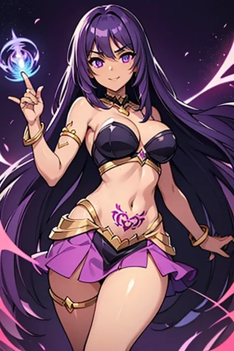 (best quality:1.3), (4K quality), (Detailed face:1.2), (Detailed eyes:1.2), ,Anime Style, solo, 1girl, 25 year old woman, sorceress, (dark skin:1.2), purple hair, wavy hair, long hair, purple eyes, mascaras, purple eyeshadow, smile, (tattoos:1.2), medium b...