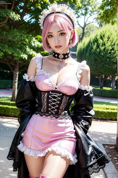 (nsfw), sexy stylish Swedish model, only 1 female, ((doll-like appearance)), short neon pink stylish hair, ((shiny Victorian-Style boots)), (big smile), ultra detailed eyes, vivid eye makeup, lipgloss, long lashes, defined eyebrows, ((sexy Paradise Kiss co...