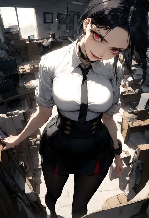 juri han, work of art, tight white secretary shirt with black tie, black high waist skirt, short skirt, black hair, black tights,evil smile,office,franja nos olhos,lighting,chifre de cabelos,view from above,olhando para cima,sentada,pernas cruzadas,belas c...