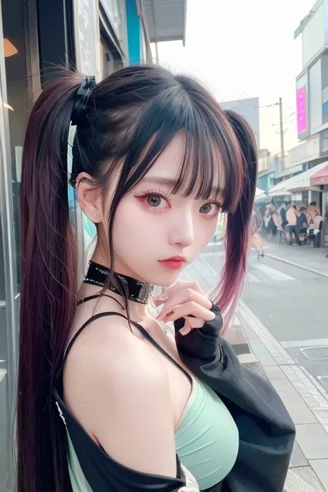 Cyberpunk art、32k，Complex，Very detailed，Digital photography，Wearing a pastel goth look with twin tails and off-the-shoulder、Being in a seaside café、Japanese Girls