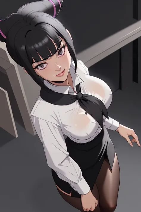 juri han, work of art, tight white secretary shirt with black tie, black high waist skirt, short skirt, black hair, black tights,evil smile,office,franja nos olhos,lighting,chifre de cabelos,view from above,olhando para cima,sentada,pernas cruzadas
