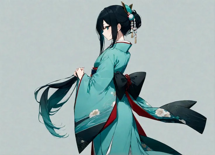 A woman wearing a blue kimono。Heian period。Standing with your back turned。Angle from the back。Hatsune Miku with black hair。