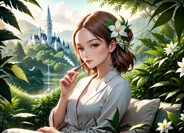 elegant woman, relaxing, holding CBD joint, serene expression, cone-shaped CBD joint, all-natural ingredients, soft lighting, clean and minimalistic background, nature-inspired elements, lush greenery, flowers, luxurious, high-quality, photorealistic, deta...