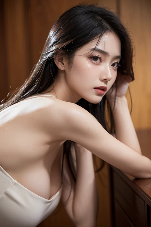 (from side), big breasts, sideboob, (flat chest), (drooling), (wet), (expressionless), (tears), looking_at_viewer, 10 years old fashion trendy beautiful beautiful beautiful girl, gentle and attractive Chinese beautiful girl, 23 years old, delicate and sexy...