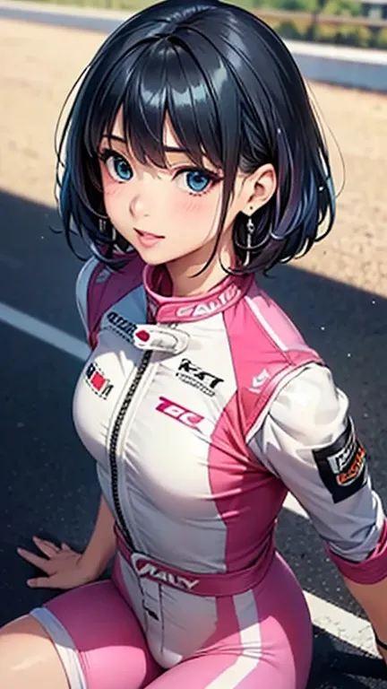 A girl is posing for a photo,pretty girl,Enchanting girl,Anime Girls,
(((One Girl,Baby Face,16 years old))),
BREAK 

((Matte pink racing suit:1.5))、(silver earrings)、
BREAK 

((Black and blue hair:1.4、Less hair、Shortcuts:1.4)),(Drooping eyes,blue eyes),(Sm...