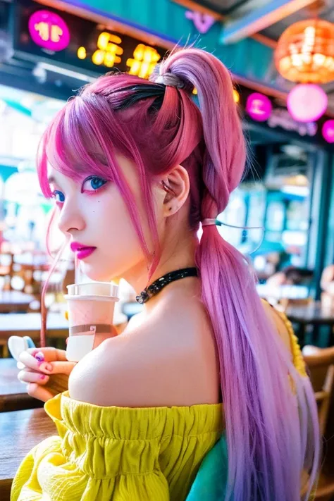 Cyberpunk art、32k，Complex，Very detailed，Digital photography，Wearing a pastel goth look with twin tails and off-the-shoulder、Being in a seaside café、Japanese Girls