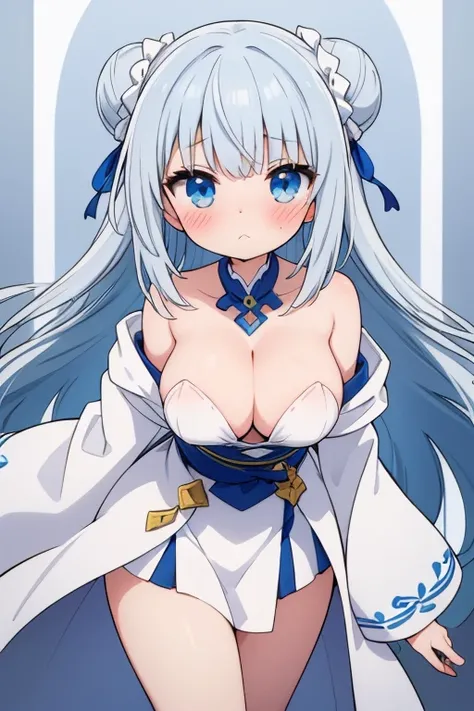 (masterpiece), (highest quality)、((Super detailed))、(super delicate)、Cute naughty Healer、Pastel colors hair、large breasts、Thighs、Gorgeous、(silver hair)、blue hair, (pouted:1,2、blush:1.2), half updo, double bun, white robe, (naked)