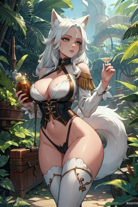 A young white haired fox woman with copper eyes and an hourglass figure and white fox ears and a white foxy tail in a pirate outfit is exploring a jungle with a curious glint in her eyes