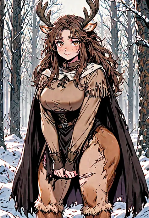 Solo, female, sfw, medium shot, brown hair, long hair, wild hair, deer antlers, huge woman, brown eyes, torn cape, winter, forest, freckles, shy smile, shy pose, ((deer centaur)), deer centaur, villager clothes, medieval, furry legs, deer legs, deer body, ...