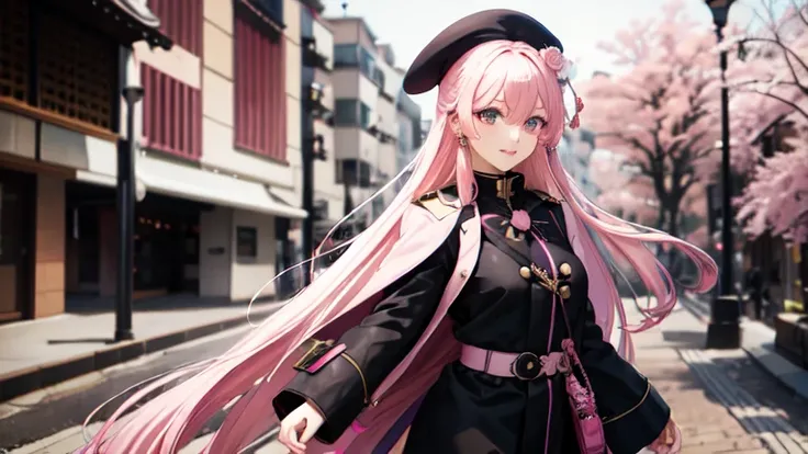 4k, Practical, high detail, Super Eyes Detail, Fashion, Pink trench coat, French beret, Black pants with belt, long hair, in the city,  Pink Hair, Purple Eyes, Yae Shrine Maiden, Wearing stylish sunglasses,