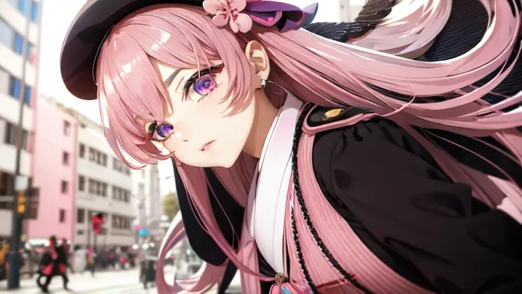 4k, Practical, high detail, Super Eyes Detail, Fashion, Pink trench coat, French beret, Black pants with belt, long hair, in the city,  Pink Hair, Purple Eyes, Yae Shrine Maiden, Wearing stylish sunglasses,