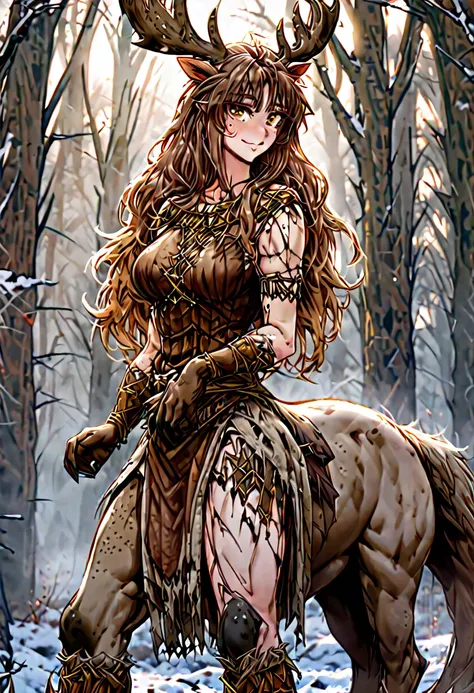 solo, female, sfw, medium shot, brown hair, long hair, wild hair, deer antlers, huge woman, brown eyes, torn cape, winter, fores...