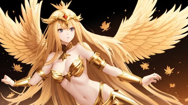 best quality)), ((masterpiece)), (detailed), Top quality、Top image quality、masterpiece，Perfect body， Exquisite and detailed facial features，，Full body shot，A woman in a golden costume with wings,Bikini， Angel Gold Armor, majestic angel, angel knight girl, ...