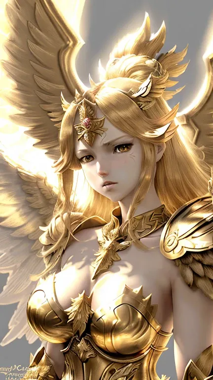 ((best quality)), ((masterpiece)), (detailed), Perfect body，Close-up of a woman wearing a golden costume with wings, Angel Gold Armor, majestic angel, angel knight girl, Final Fantasy Tactics Characters, mystical atlantean valkyrie, as a Mysterious Valkyri...