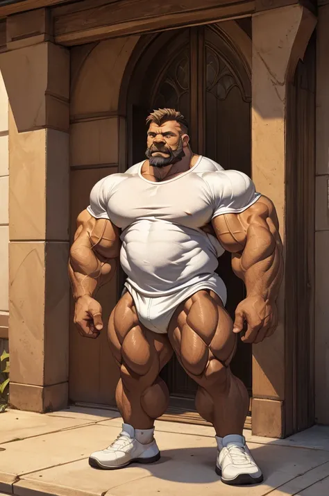 extremely huge muscular, massive muscular, full-body, well-muscled old man in a white shirt. ((extremely muscle size, super thick arms, huge pectoral, extremely wide pectoral , huge arms))