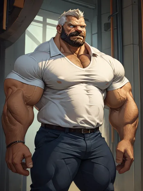 extremely huge muscular, massive muscular, full-body, well-muscled old man in a white shirt. extremely muscle size, thick arms, huge pectoral, huge arms, Make sure the resulting image has a cartoonish look, vibrant colors and smooth edges. Add details to g...