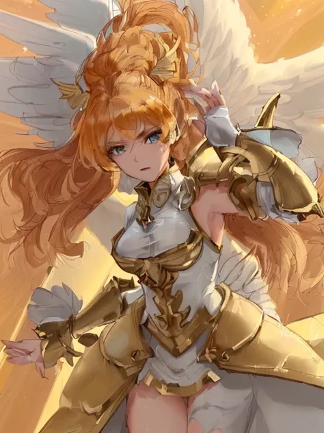 ((best quality)), ((masterpiece)), (detailed), Perfect body，Close-up of a woman in a white and gold costume with wings, Angel Gold Armor, majestic angel, angel knight girl, Final Fantasy Tactics Characters, mystical atlantean valkyrie, as a Mysterious Valk...