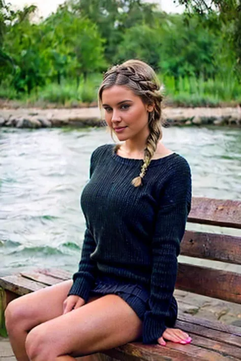 woman sitting on a bench wearing a black sweater and skirt., coletas hairstyle, two coletas hairstyle, coleta braids, with black...