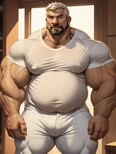 extremely huge muscular, massive muscular, chubby, full-body, well-muscled old man in a white shirt. ((chubby, extremely muscle size, super thick arms, huge pectoral, extremely wide pectoral , huge arms))