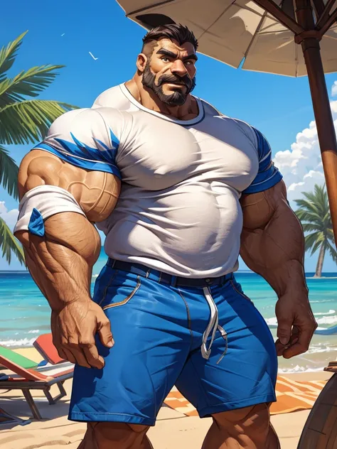 beach, extremely huge muscular, massive muscular, full-body, well-muscled old man in a white shirt. ((extremely muscle size, super thick arms, huge pectoral, extremely wide pectoral , huge arms)).  and add details to make it attractive and interesting. Add...