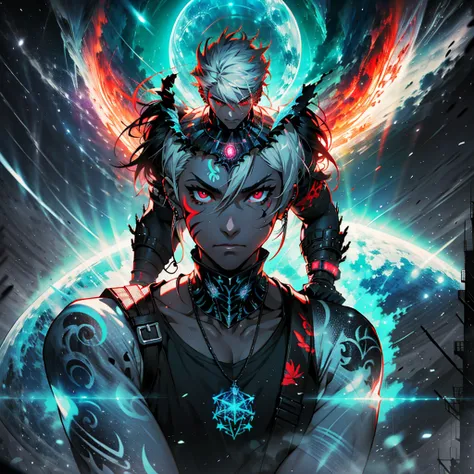 Demonic anime boy, tanned skin, white hair, glowing red eyes, neck tattoo, arm tattoo, face tattoo, black suit, black pendant, black piercings, black fire, neon punk background, cosmic, neon red outline, dynamic pose , black smoke, black wings of fire, cin...