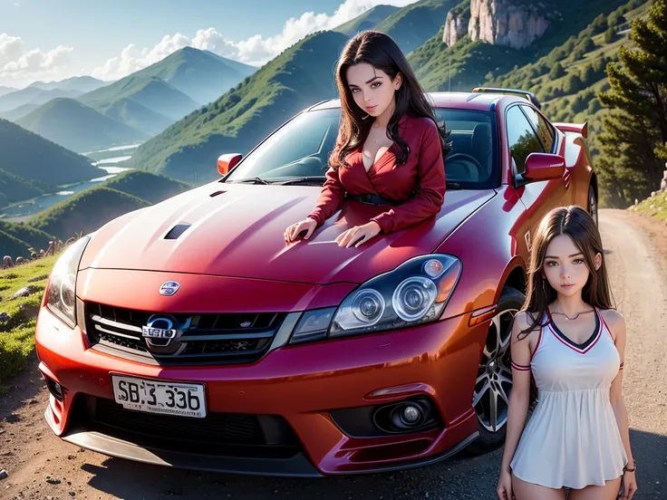 Super tall busty brunette 13years old resolution、Uma qualidade de imagem ultra-alta、8K、Detalhes detalhados、wonderful expression、summer volleyball、lindo verde fresco、A bright red sports car is parked on a mountain road built along the mountain...、Com mulher...