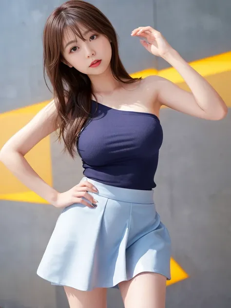 japanese girl、girl in her 20s、perfect body shape、Transparency、big breasts、One-shoulder、tight t-shirt、navy blue skirt、light blue shirt、fiery idol pose、 look、shiny thighs