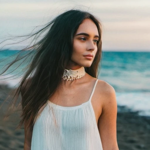 grains de films, texture de la peau, instagram selfie of a woman with long loose hair wearing a choker,evening beach in the back...