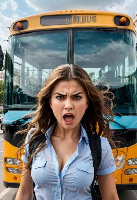 A ferocious girl with an angry expression. The background is a bus, mid shot, (masterpiece, best quality, Professional, perfect composition, very aesthetic, absurdres, ultra-detailed, intricate details:1.3)