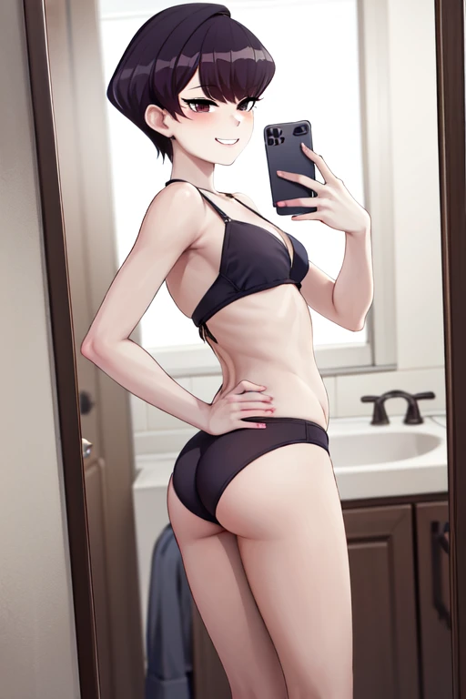 masterpiece, best quality, 1girl, solo, komi-san wa komyushou desu , short hair, slim body:1.5, show ass:.1.5, black bikini:1.2, looking at viewer, bathroom:1.2, grin smile:1.3, teeth, standing:1.2, selfie in mirror:1.3,