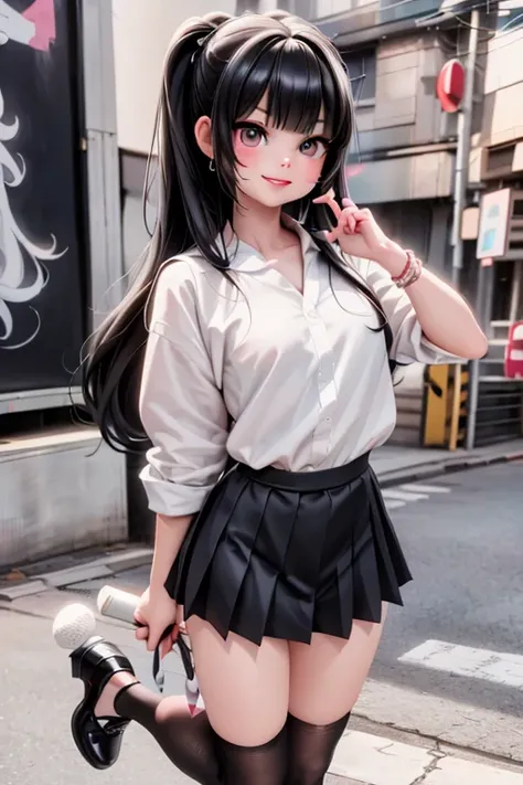 // Character
an angry schoolgirl, black hair, large hair, intrincated hairstyle, floating hair,
// Clothing
schoolgirl uniform, pleated skirt, white loose uniform shirt, white socks, 
// Fashion
choke, big earrings, wrist bands,
// Make_up
red smokey eyes ...