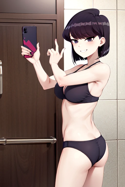 masterpiece, best quality, 1girl, solo, komi-san wa komyushou desu , straight bob hair, slim body:1.5, show ass:.1.5, black bikini:1.2, looking at viewer, bathroom:1.2, grin smile:1.3, teeth, standing:1.2, selfie in mirror:1.3,