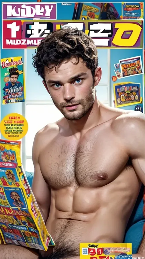 Jamie dornan, shirtless oily face and oily  hairy body, (kids magazine cover:1.4), best quality, masterpiece, very aesthetic, perfect composition, intricate details, ultra-detailed, hard face, handsome, hot hairy pubic, happy face