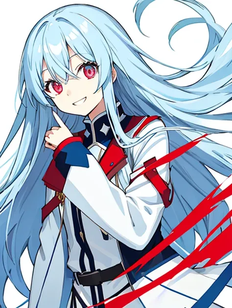 Light blue hair、Red Eyes、Long Hair、Wavy Hair、Jacket、White clothes、smile、White background