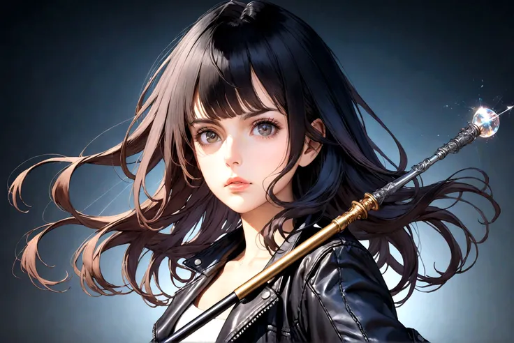 a beautiful young woman with long dark hair wearing a black leather jacket and combat boots, holding a magic wand, cold and serious expression, highly detailed portrait, cinematic lighting, dramatic pose, digital art, 8k, best quality, masterpiece