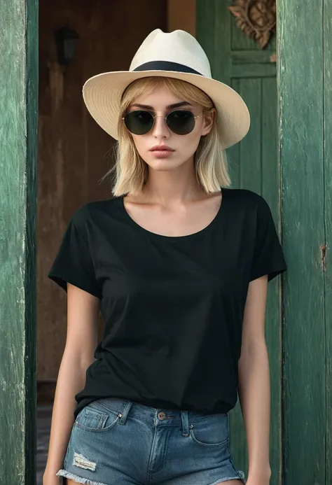 she is wearing a simple long black t-shirt, summer hat, sunglasses, denim short . body towards the camera. beautiful 20-year-old...