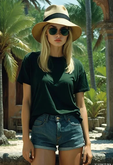 she is wearing a simple long black t-shirt, a summer hat, sunglasses and denim shorts. body towards the camera. beautiful 20-yea...