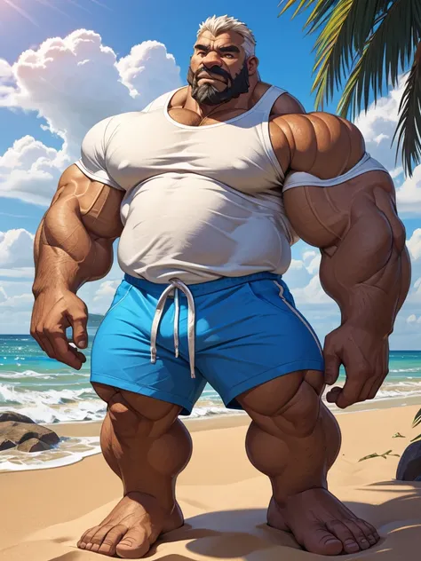 2boys, beach, size different, extremely huge muscular, massive muscular, full-body, well-muscled old man in a white shirt in beach. ((extremely muscle size, super thick arms, huge back, extremely wide back and shoulder , huge arms)).  and add details to ma...