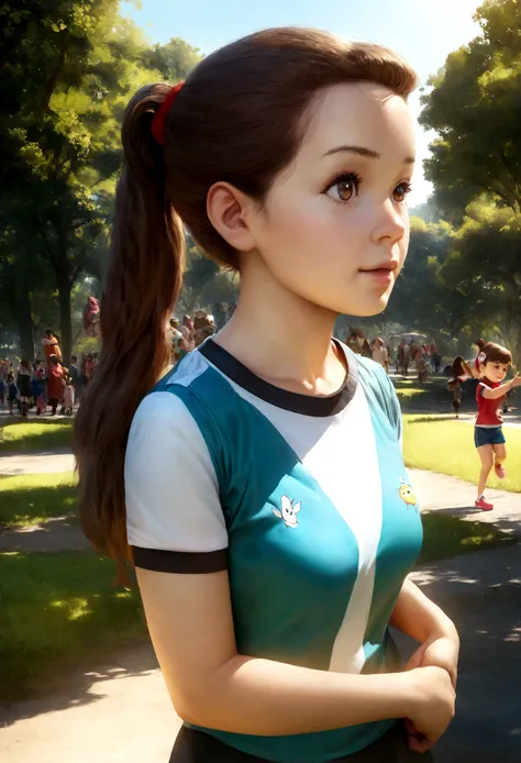 （Pixar style),A five-year-old girl，with long brown hair in a ponytail, wearing a childrens sports outfit, the setting in a park, with a very fun atmosphere, miniature character model, light source from right to left, realistic proportions, post-processing,...