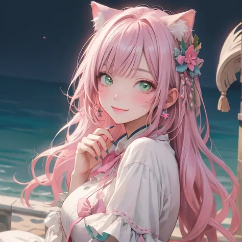 (masterpiece), highest quality, Ultra-high resolution,Cat with pink ribbon、Pink Hair、Green Eyes、White clothes、Apply nail polish、smile、lame、Background sea、Easygoing、kind、beautiful