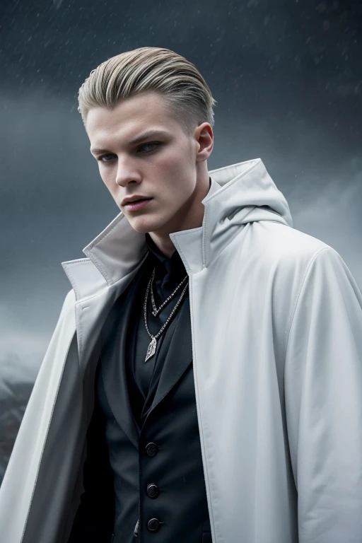 (Daniel Giles:1.1),short hairhandsome man,white winter coat,vampire,piercing gaze,style,alluring figure,enchanted atmosphere,dense fog,subtle smirk,lingering desire,vampiric elegance,mysterious charm,expression of eternal power,enticing silhouette,thirst f...