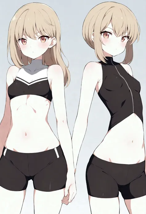 Two lightly armed beautiful girl soldiers wearing compression shorts. Anime style. Small breasts.