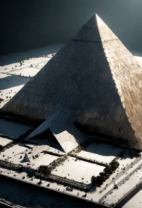 a majestic pyramid with smooth, sleek, modern surface, futuristic and minimalist architectural design, cinematic camera angle, award-winning 3d render, photorealistic, highly detailed, intricate details, hyperrealistic, 8k, best quality, masterpiece