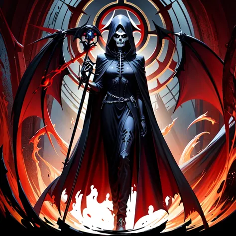 arafed image of a skeleton dressed in a black robe and a red cross, digital art by Anne Stokes, trending on Artstation, gothic art, beautiful male god of death, dark but detailed digital art, reaper from overwatch, evil death, d & d lich, portrait of the g...