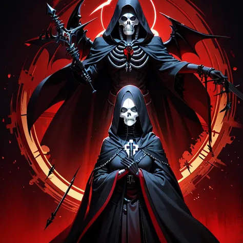 arafed image of a skeleton dressed in a black robe and a red cross, digital art by Anne Stokes, trending on Artstation, gothic art, beautiful male god of death, dark but detailed digital art, reaper from overwatch, evil death, d & d lich, portrait of the g...