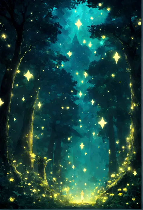 Create an image of a lush forest filled with tall, imposing trees. The leaves of these trees are luminous, emitting a soft, ethereal glow that lights the path through the forest. The night sky above is dotted with twinkling stars, adding an extra layer of ...