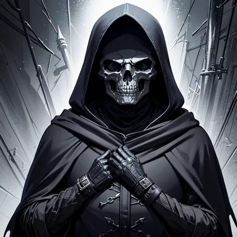 a man in a hoodedie with a skull mask and a hood, unreal 5. rpg portrait, dark hooded wraith, dark cloaked necromancer, portrait of the old necromancer, portrait of the necromancer, dark robed, scary knight, crow skull knight helmet, portrait of a holy nec...